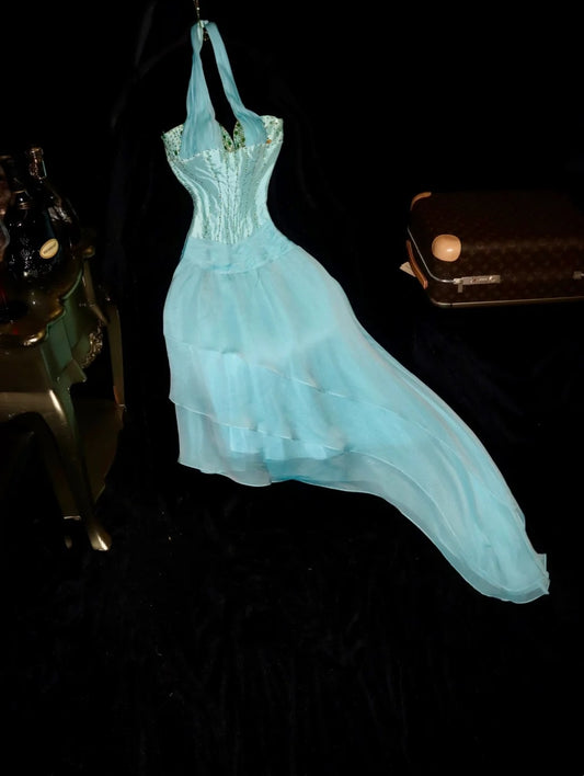 Lovely A line Sweetheart Chiffon Halter Blue Short Party Dresses Homecoming Dress Cocktail Dress RB8451