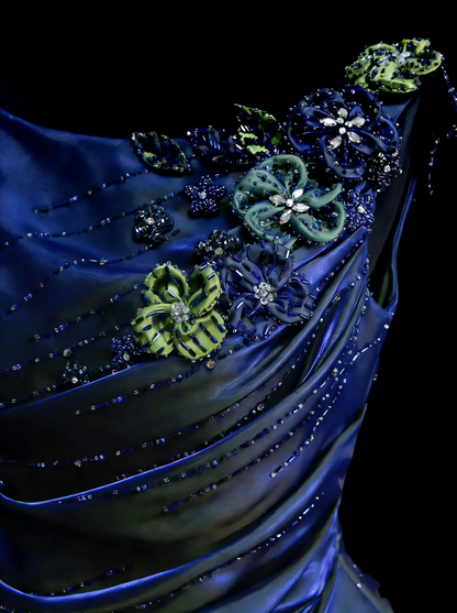 Sweet Ball Gown Scoop Navy Blue Satin With Tiered Layers Ruffles Long Party Gowns Prom Dresses N2231