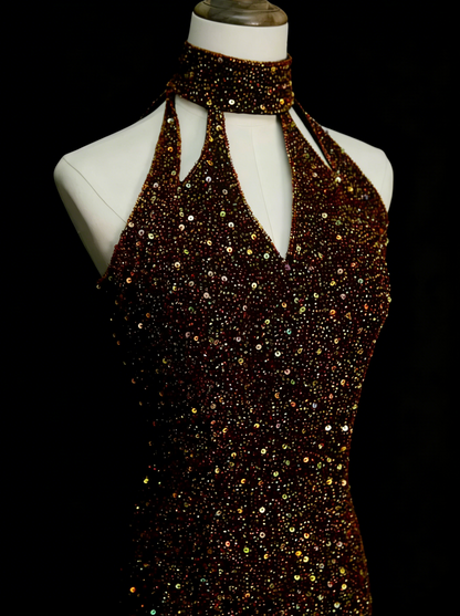 Vintage Sheath Halter Sequined Sleeveless 80s Prom Dresses Long Formal Party Gown N1453