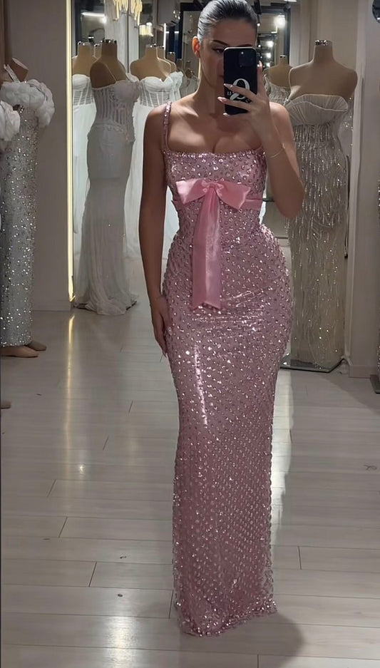 Glitter Mermaid Square Neck Pink Long Prom Dresses Formal Party Dress Cocktail Maxi Gowns AB1266