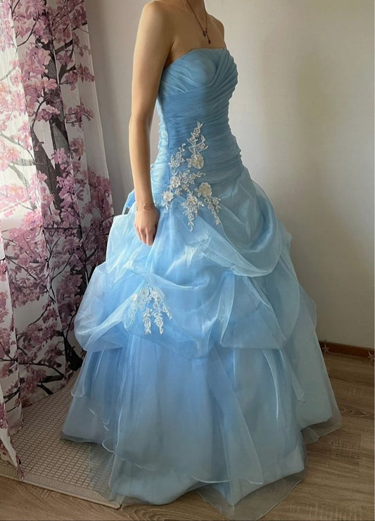 Unique Ball Gown Strapless Blue Tulle With Multi Layered Long Prom Quinceanera Dresses Sweet 15 16 Birthday Gown AB1267