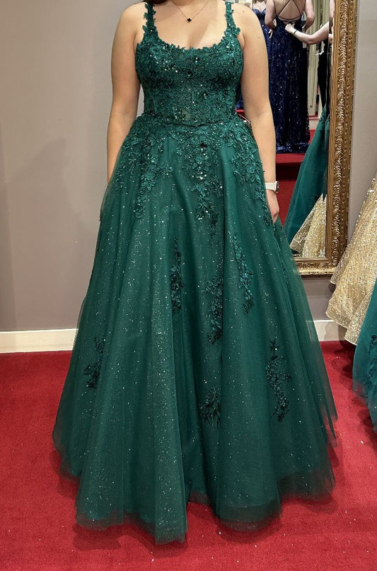 Modest A Line Square Neck Emerald Green Tulle Lace Appliques Prom Dresses Long Party Dress Evening Dresses AB1099