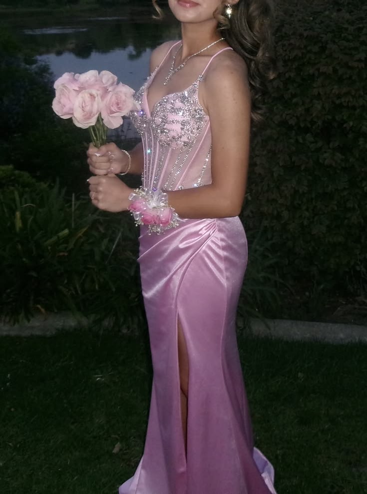 Sexy Mermaid Spaghetti Straps Pink Satin Slit Long Prom Dress Inspiration Party For Women Teens Girls Formal Gown RB8702