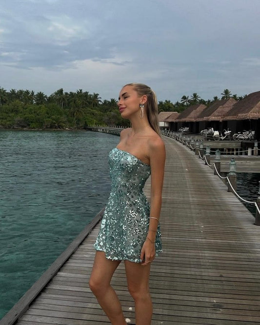 Shiny A Line Strapless Sequin Short Homecoming Dress 21th 16th Birthday Cocktail Ideas Outfits RB8303