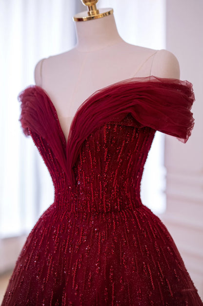 Shinning Ball Gown Off The Shoulder Red Tulle With Beads For Women Party Dresses Long Formal Prom Dresses 22th Birthday Gown AB1328