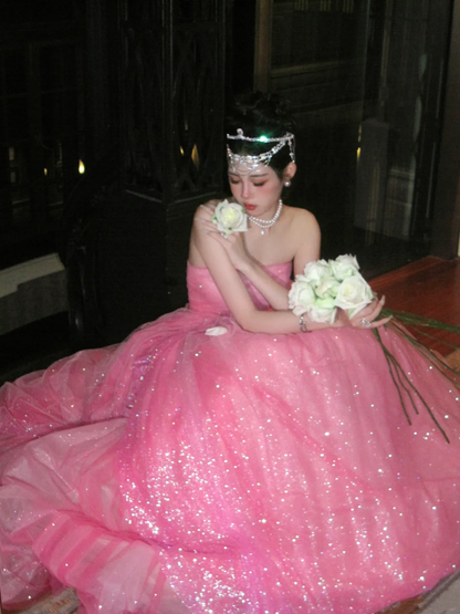 Sparkly Ball Gown Strapless Pink Sequin Long Quinceanera Dress Birthday Luxury Sweet 15 16 Birthday Outfits N074