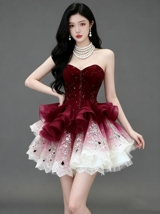 Sparkly Ball Gown Sweetheart Gradient Burgundy Pink With Beading Graduation Gown Mini Senior Inspo Short Homecoming Dress RB3185