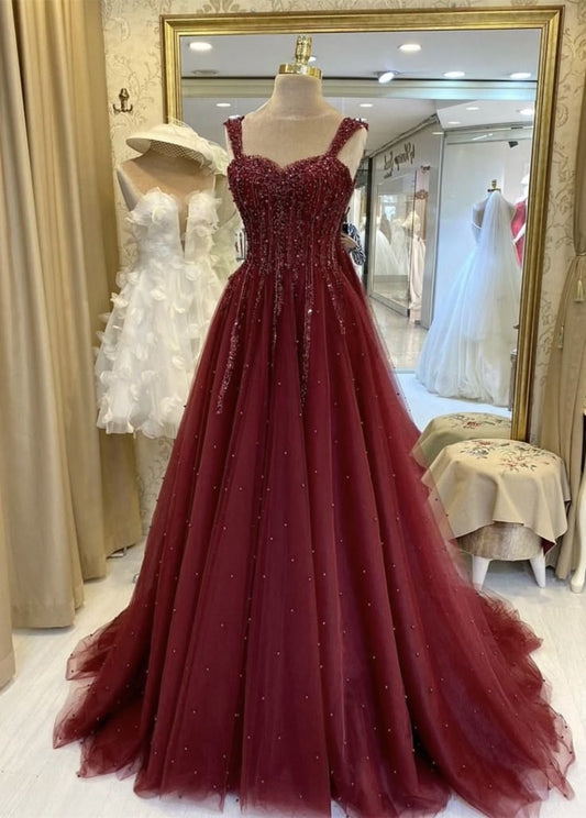 Unique Ball Gown Sweetheart Burgundy Tulle With Silver Beads Long Prom Dresses Formal Gown Inspo Evening Outfit AB740