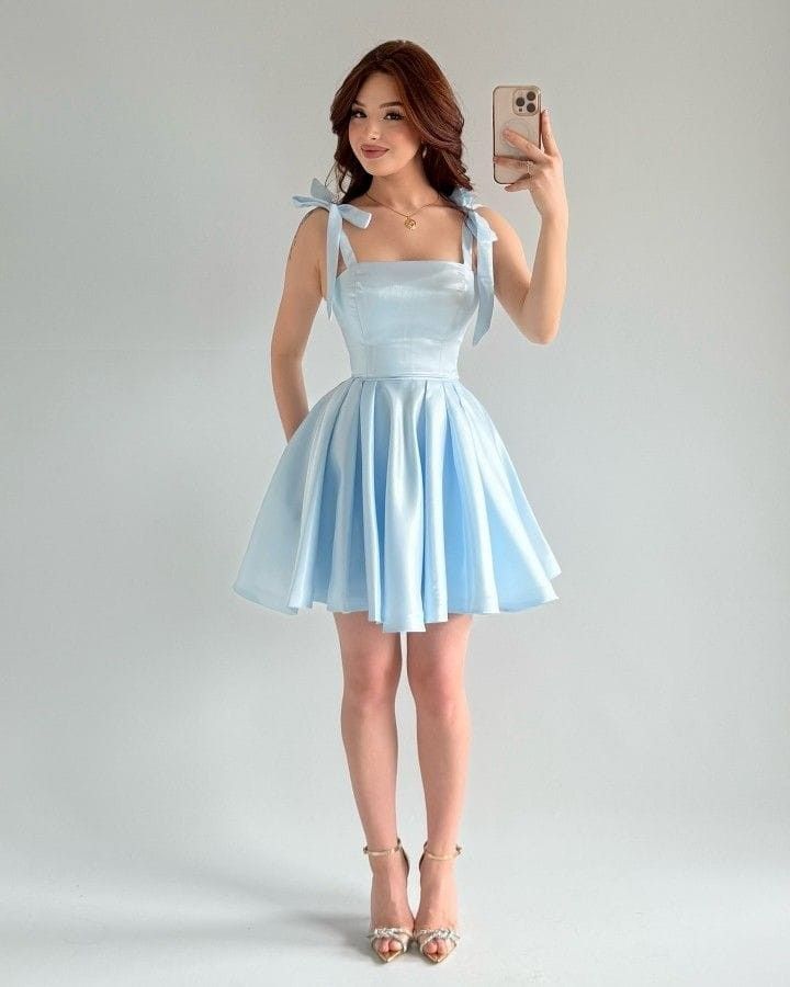 Cute Ball Gown Spaghetti Straps Light Sky Blue Satin Mini Short Formal 8th Grade Homecoming Dresses Birthday Dress N1892