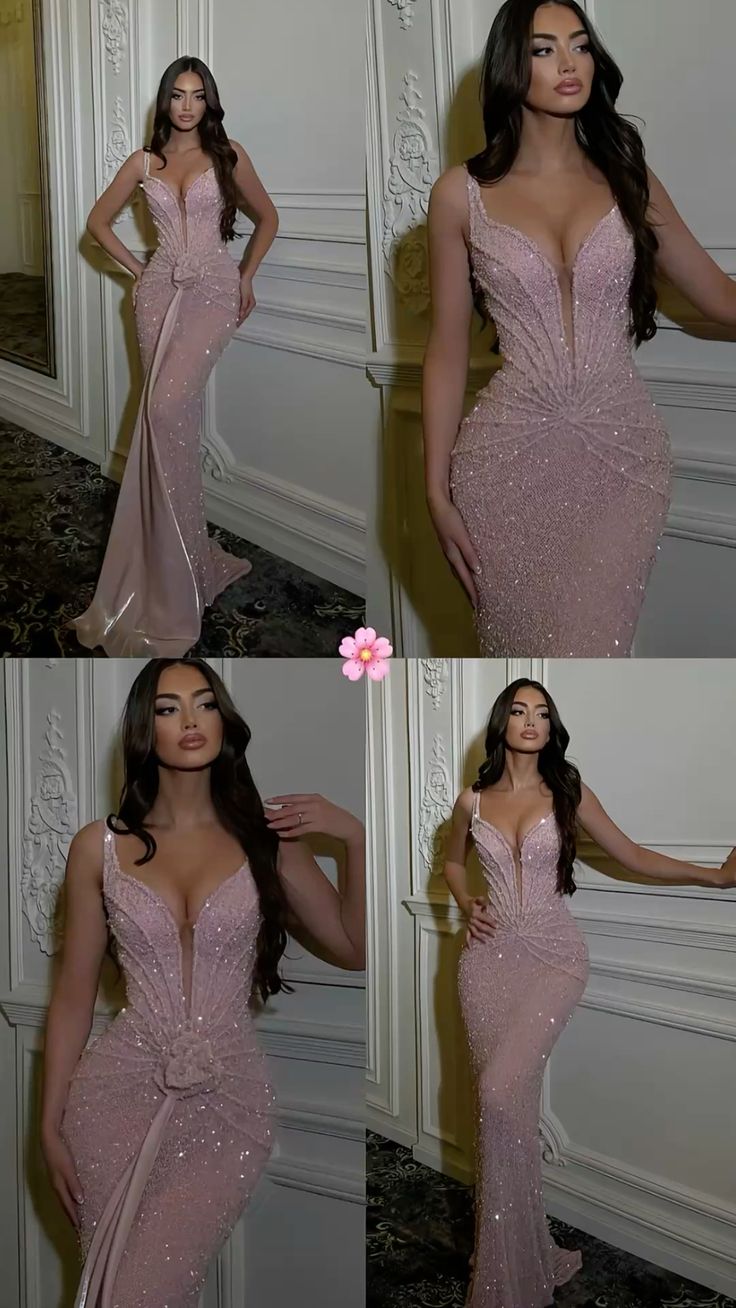 Shinning Prom Dresses Mermaid Spaghetti Strap Pink Evening Long Formal Dress N4763