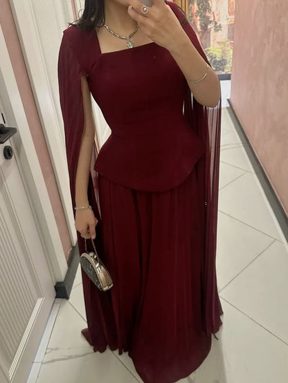 Elegant A line Square Neck Burgundy Chiffon With Sleeves Long Formal Fancy Prom Evening Dress Dinner Outfits Classy Party Gowns AB2028