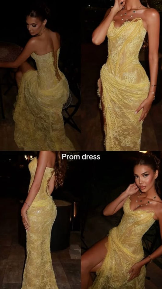 Unique Mermaid Sweetheart Yellow Lace Slit Prom Dresses Long Party Dress 21St Birthday Outfits Graduation Gown N900