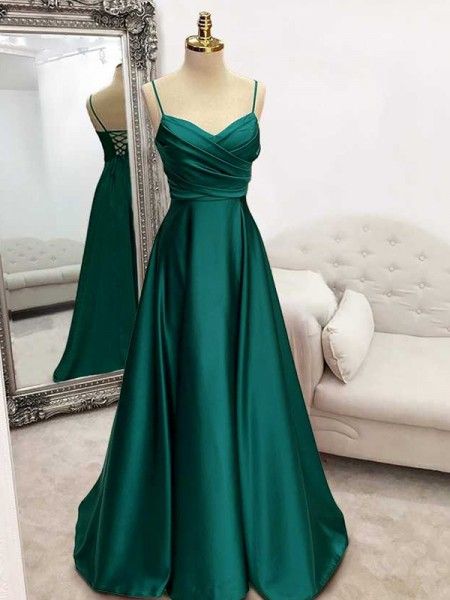 A-Line/Princess Silk like Satin Ruffles V-neck Sleeveless Sweep/Brush Train Dresses AB1605
