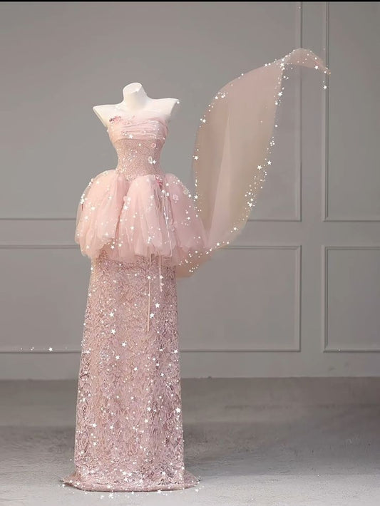 Cute A Line Strapless Blush Pink Lace Prom Dresses Inspo For Teens Formal Dress Party Outfits Prom Gowns AB093