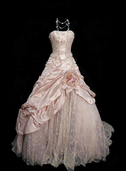 Sweet Ball Gown Strapless Pink With Tiered Layers Ruffles Long Party Gowns Prom Dresses N2229