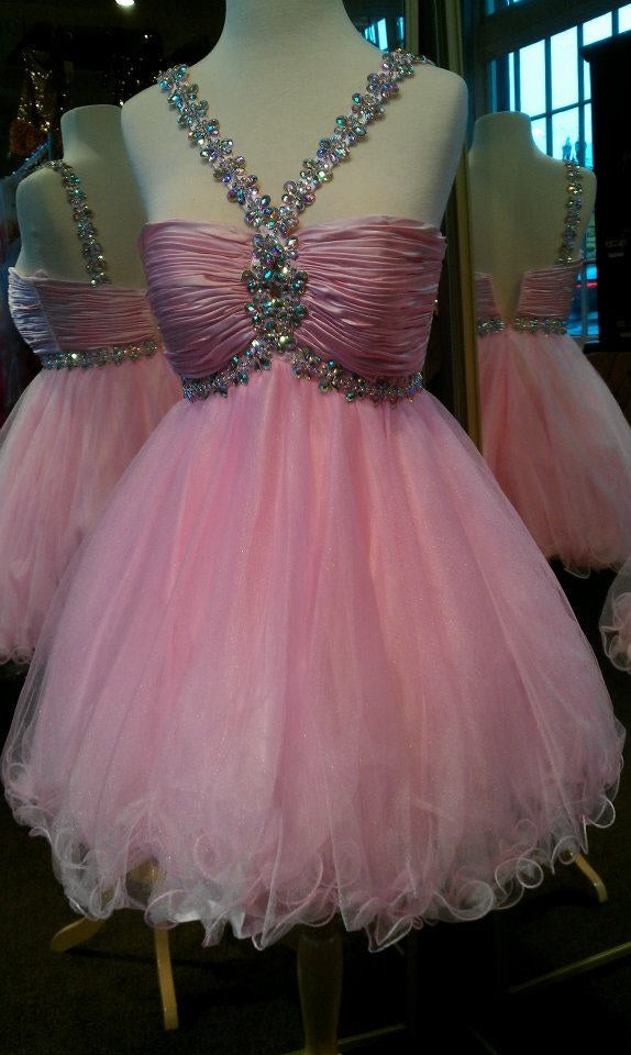 Youthful Ball Gown Halter Tulle Pink With Beads Senior 12th Grad Short Mini Aesthetic Homecoming Dresses RB4408