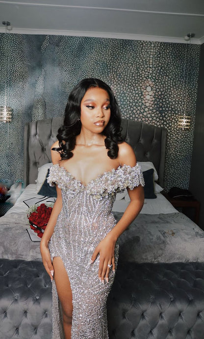 Glittery Mermaid Off The Shoulder Prom Dresses For Black People Girls Silver Sequin Beaded Crystals Long Formal Slit Evening Party Gown N815