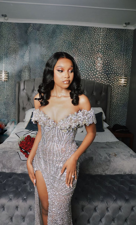 Glittery Mermaid Off The Shoulder Prom Dresses For Black People Girls Silver Sequin Beaded Crystals Long Formal Slit Evening Party Gown N815