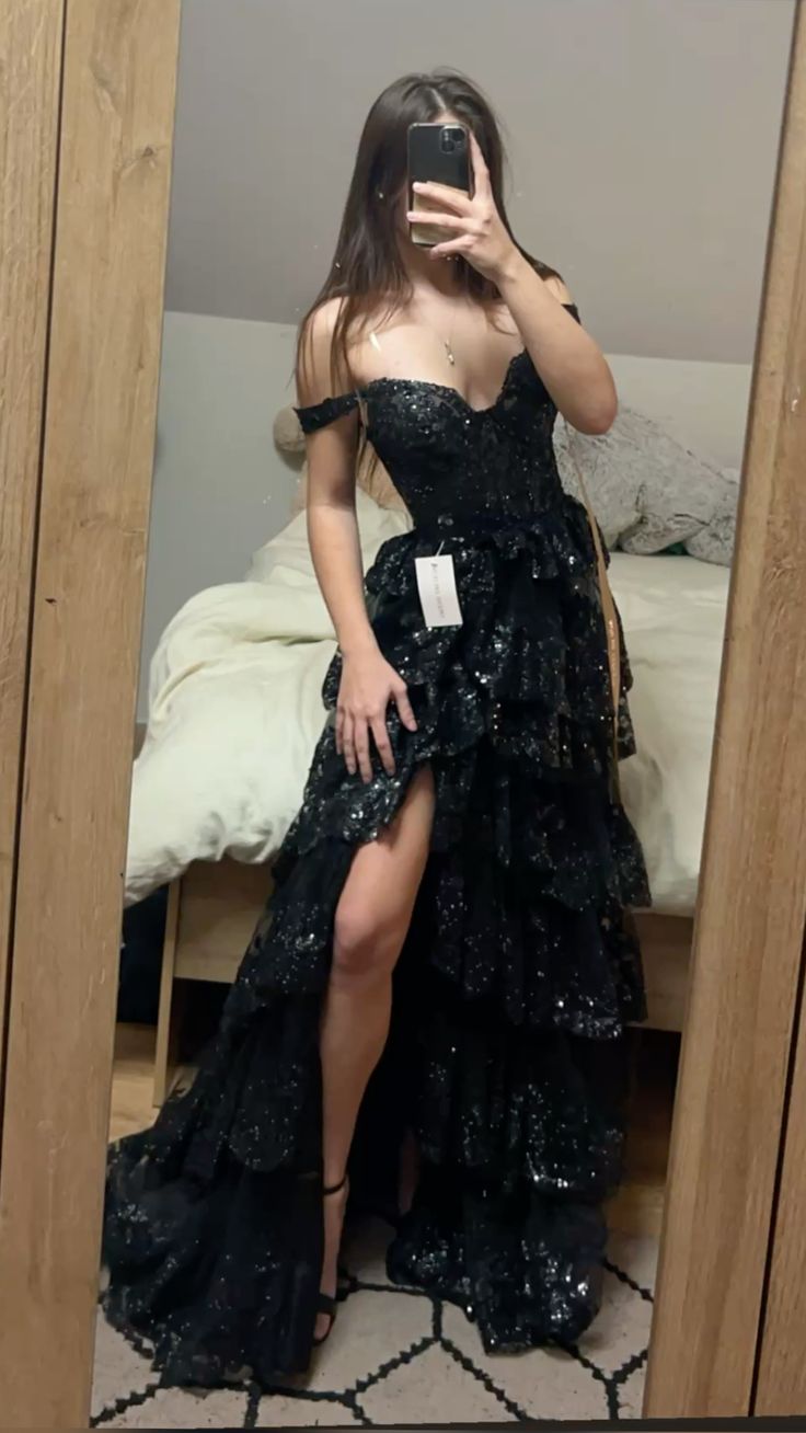 Sexy Ball Gown Off The Shoulder Lace Slit For Black People Girls Prom Dresses Sequin Long Formal Evening Party Gowns N790
