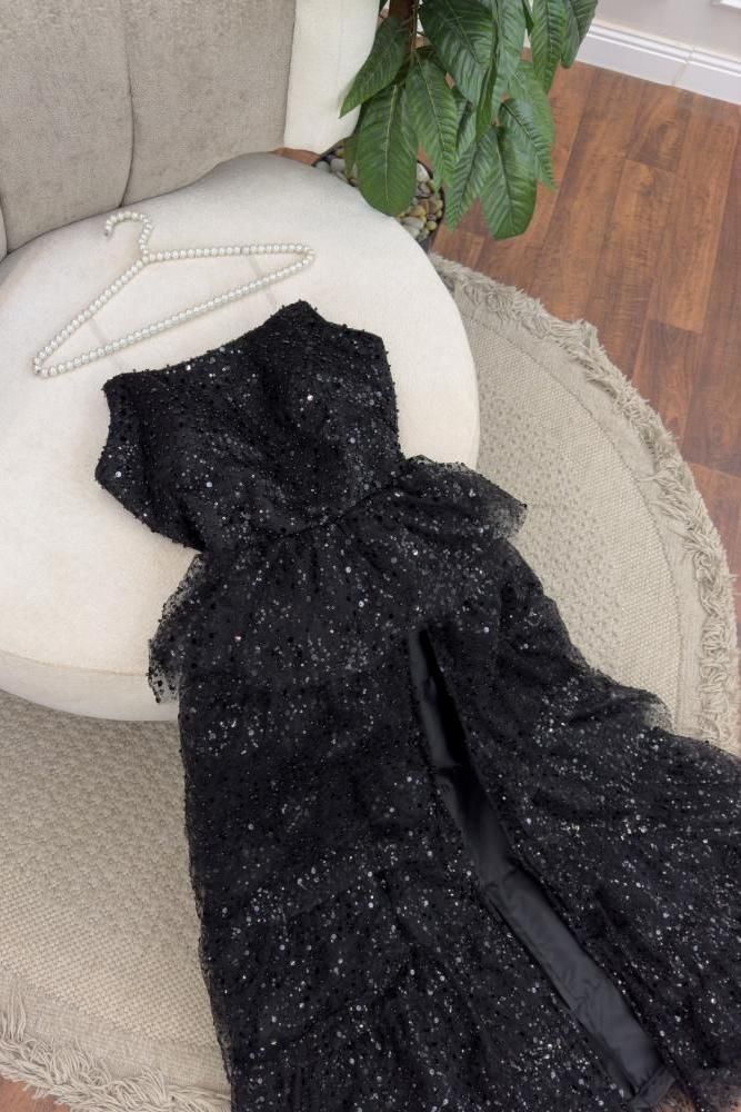 Sparkly Ball Gown Strapless Black Prom Dresses Fashion Evening With Slit Sequin Long Formal Party Gowns N794
