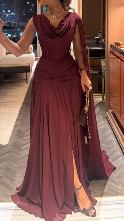 Scoop-Neck Off-Shoulder Sleeveless Pleated Chiffon Floor-Length A-Line Prom Dress N2354