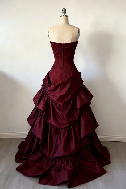 Gorgeous A-Line Burgundy Prom Dress Satin Strapless Long Evening Dress Sleeveless Occasion Dress N1867