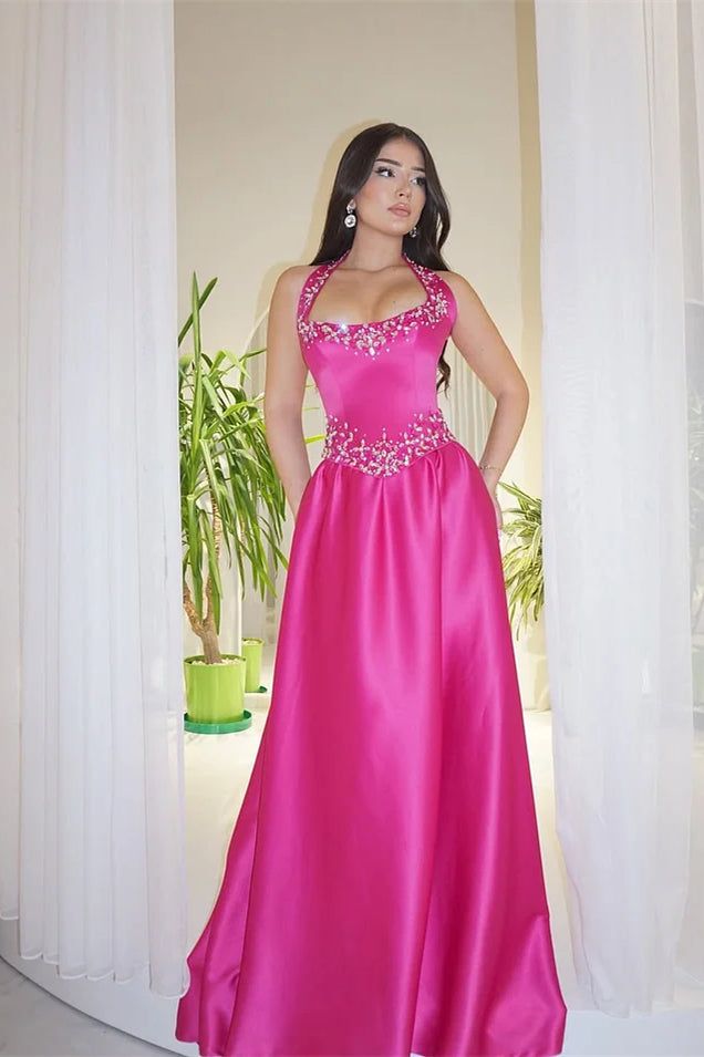 Elegant Fuchsia Halter Sleeveless Satin Prom Dress A-Line Long With Gem Graduation Gown N886