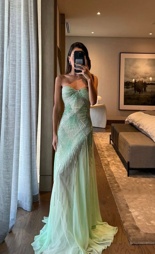 Charming A Line Strapless With Beaded Bodice Mint Green Chiffon Long Prom Dresses Evening Outfits Formal Dress N1018
