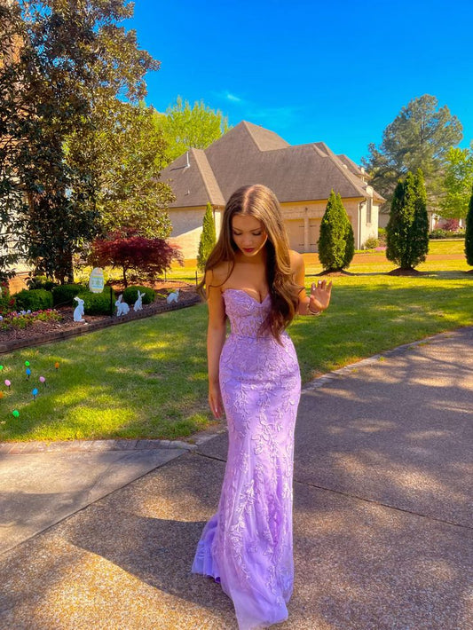 Sparkly Mermaid Sweetheart Lilac Lace Long Formal Gowns Prom Dresses With Appliques Evening Dress AB731