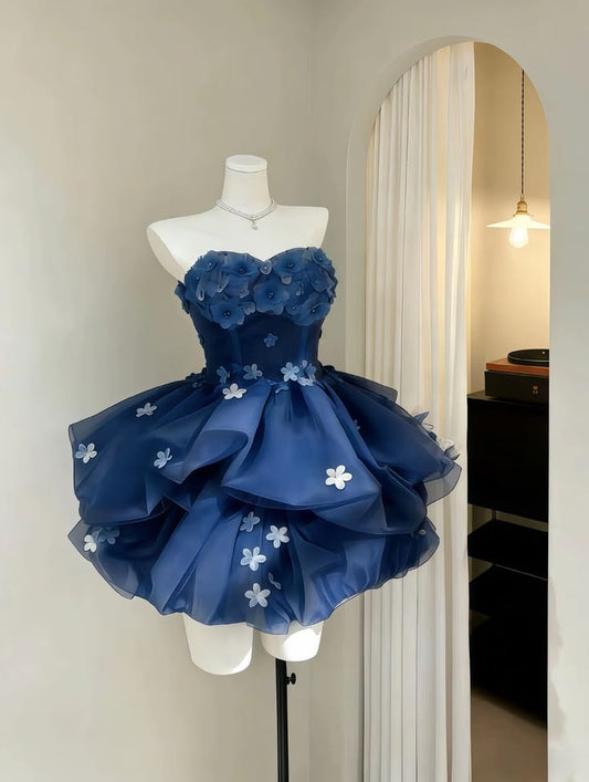 Beautiful Ball Gown Sweetheart Navy Blue With Flowers Graduation Gown Mini Senior Inspo Short Homecoming Dress RB3186