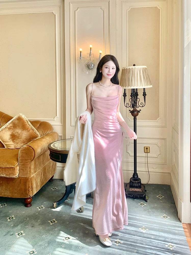 Modest Mermaid Spaghetti Strap Pink Sequin Evening Dresses Slit High School Teens Senior Night Dance Prom Outfits N016