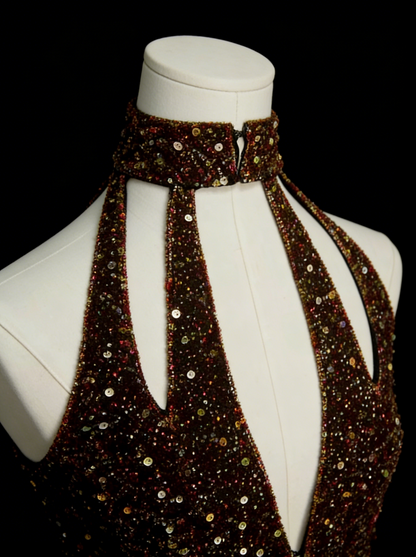 Vintage Sheath Halter Sequined Sleeveless 80s Prom Dresses Long Formal Party Gown N1453