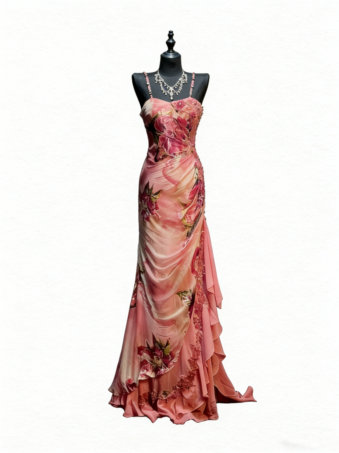 Vintage Mermaid Spaghetti Straps Floral Chiffon With Beadings Floor Length Inspiration Long Prom Dresses N1204