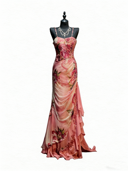 Vintage Mermaid Spaghetti Straps Floral Chiffon With Beadings Floor Length Inspiration Long Prom Dresses N1204