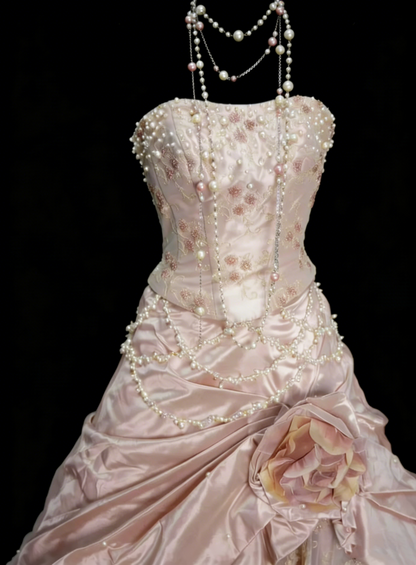 Sweet Ball Gown Strapless Pink With Tiered Layers Ruffles Long Party Gowns Prom Dresses N2229