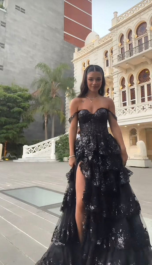 Sparkly Ball Gown Off The Shoulder Lace Slit For High School Teens Girls Prom Dresses Sequin Long Formal Evening Party Gowns N791