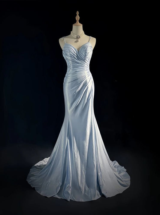 Elegant Blue Spaghetti Strap Prom Gown Pleated Sweetheart Neckline Sexy Backless Fishtail Celebrity Banquet Evening Dress AB987