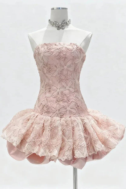 Romantic Sheath Strapless Pink Lace Short Mini Fall Cocktail Dress Homecoming Dresses RB4450