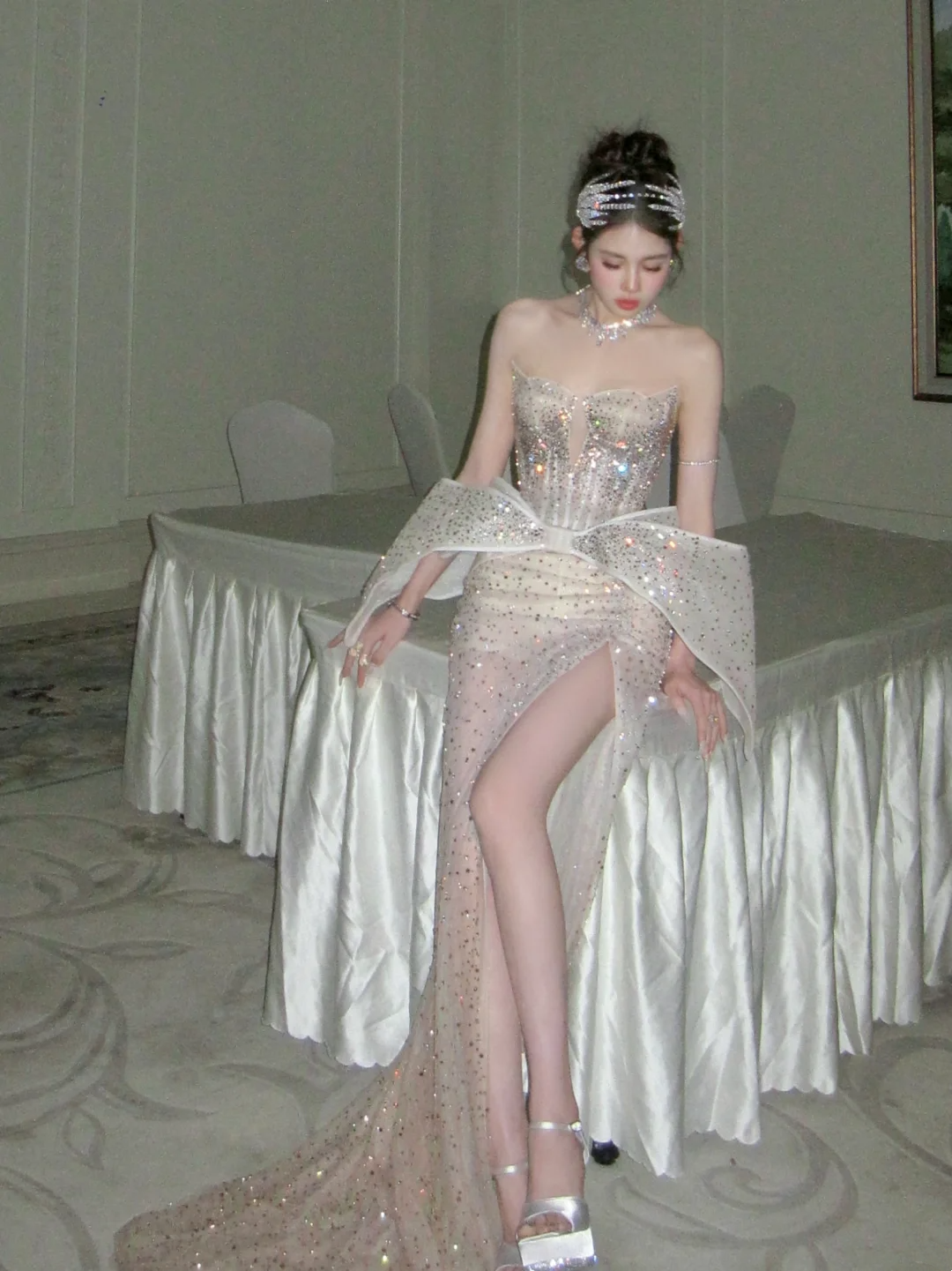 Sparkly Mermaid Sweetheart Champagne Slit Prom Dress Aesthetic Long Graduation Evening Outfits N079