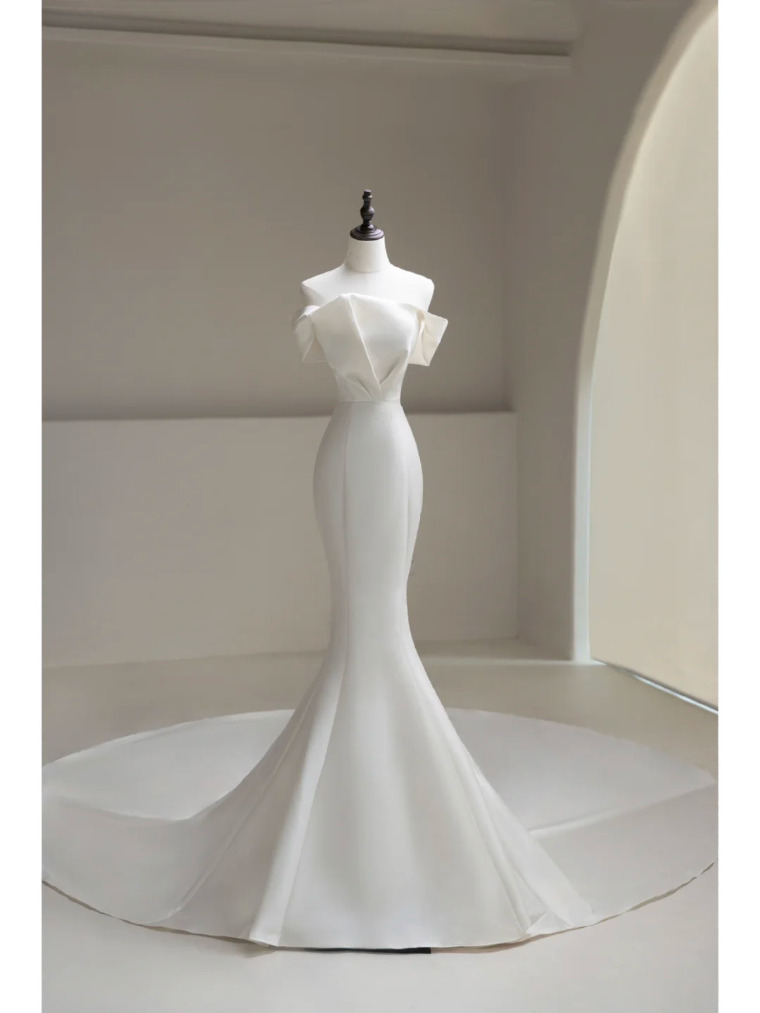 Timeless Mermaid Off The Shoulder White Satin Long Bride Dress Long Bride Dress Classy Wedding Dresses AB867