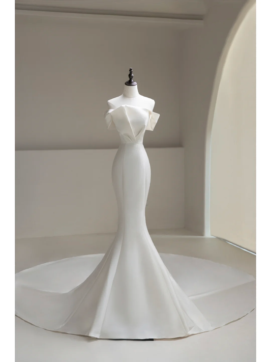 Timeless Mermaid Off The Shoulder White Satin Long Bride Dress Long Bride Dress Classy Wedding Dresses AB867