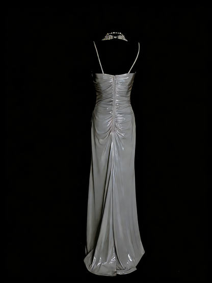 Simple A Line Spaghetti Strap Grey Senior 80s Prom Dresses High School Long Formal Dress N1334