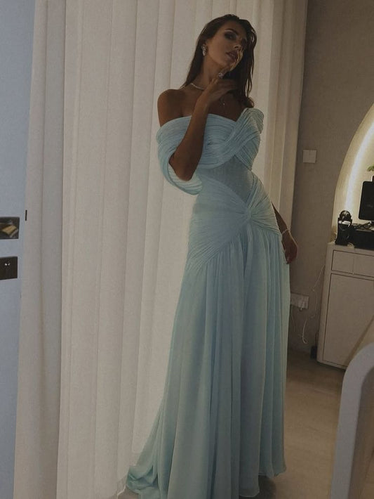 Sexy Mermaid Off The Shoulder Light Sky Blue Chiffon Prom Dresses Party Dress Long Evening Dresses AB2139