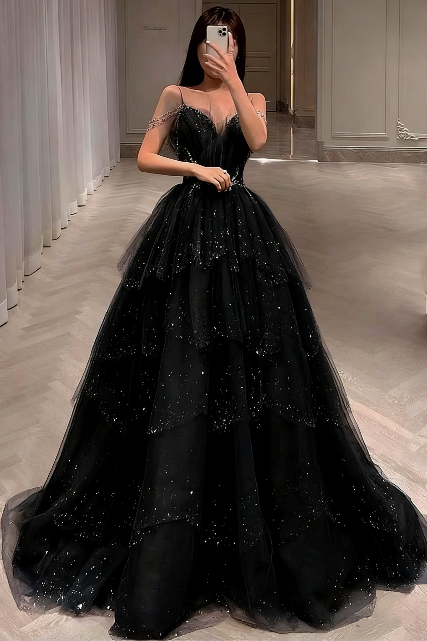 Gorgeous Dusty Blue Sparkly Tulle Beaded Prom Dress Tiered Formal Gown With Rhinestone Party Gowns AS161