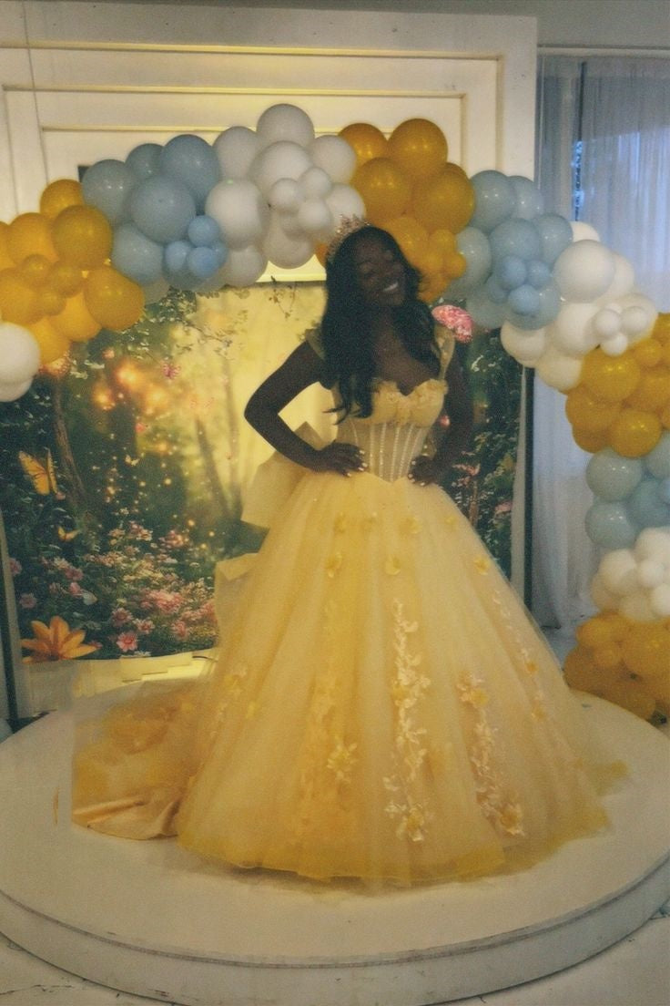 Elegant Ball Gown Sweetheart Yellow Sleeveless Tulle Lace Formal For Black Women Girls Teens Prom Dresses N2277