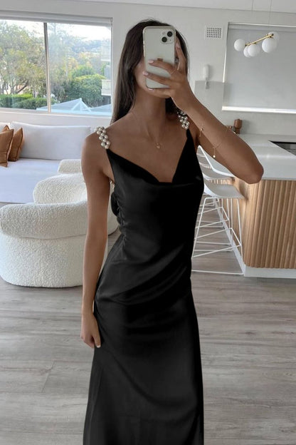 Sheath Spaghetti Straps Satin Long Prom Dresses With Pearls For Women AB1549