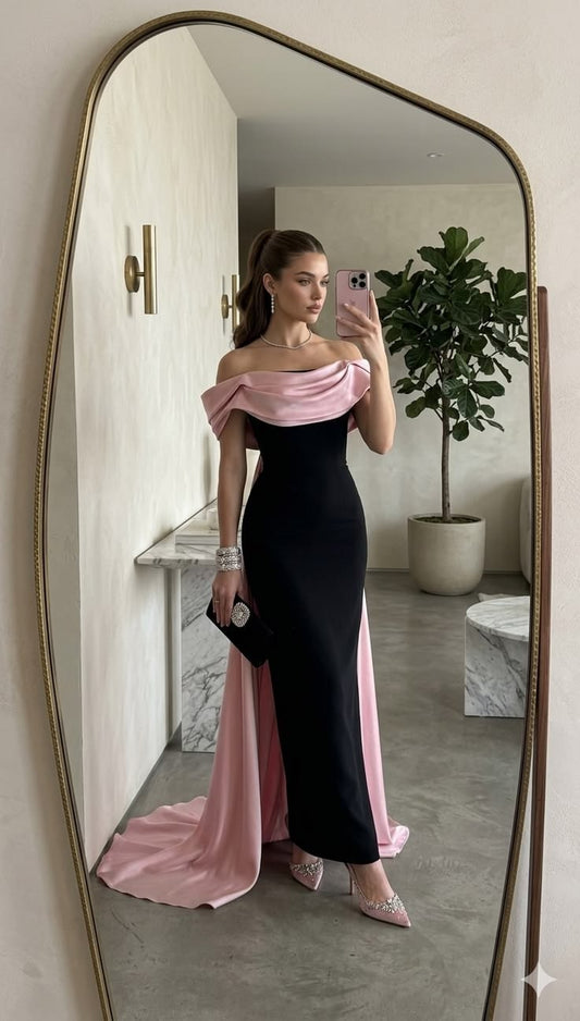 Mermaid Prom Dresses Inspiration Off The Shoulder Black Satin Pink Evening Gown Gala Birthday Outfits Formal Dress RC1532