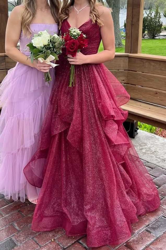 Ball Gown Spaghetti Straps Ruffled Long Prom Dress Burgundy Prom Dresses Birthday Gowns AB933