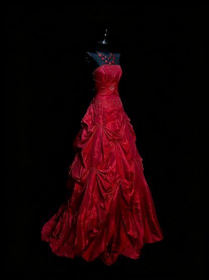 Modest Ball Gown Sweetheart Red Satin With Beaded Bodice College Formal Outfit Long Prom Graduation Dresses N1205