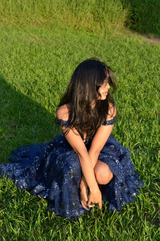 Special Ball Gown Sweetheart Strap Dark Navy Blue Lace With High Slit Sleeveless Long Prom Dresses Inspo Prom Gown AB1031